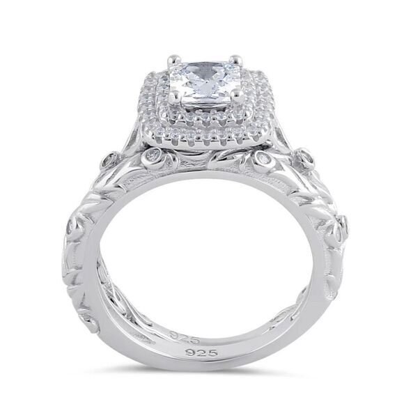 Sterling Silver Clear CZ Vintage Engagement Ring Set New - Picture 3 of 13